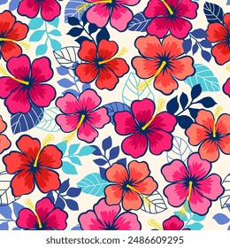 Hand drawn hibiscus flower with leaf seamless pattern for summer holidays background.