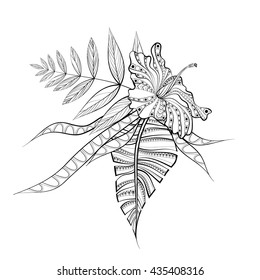 Hand drawn Hibiscus flower with Leaves. Vector illustration in zentangle style isolated on white background. Sketch for adult anti stress coloring pages, tattoo