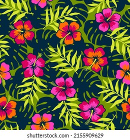 Hand drawn hibiscus flower with tropical leaf seamless pattern for summer holidays background.