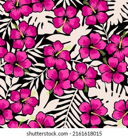 Hand drawn hibiscus flower with tropical leaf seamless pattern for summer holidays background.