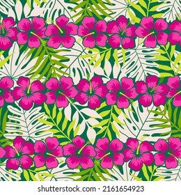 Hand drawn hibiscus flower with tropical leaf seamless pattern for summer holidays background.