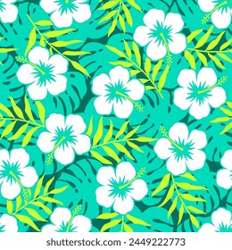 Hand drawn hibiscus flower with tropical leaf seamless pattern for summer holidays background.