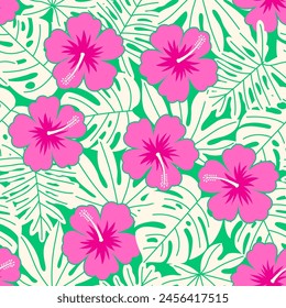 Hand drawn hibiscus flower with tropical leaf seamless pattern design for summer holidays background.