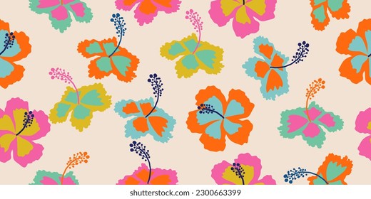 Hand drawn Hibiscus flowers, seamless patterns with floral for fabric, textiles, clothing, wrapping paper, cover, banner, interior decor, abstract backgrounds.