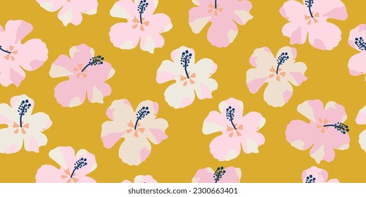 Hand drawn Hibiscus flowers, seamless patterns with floral for fabric, textiles, clothing, wrapping paper, cover, banner, interior decor, abstract backgrounds.