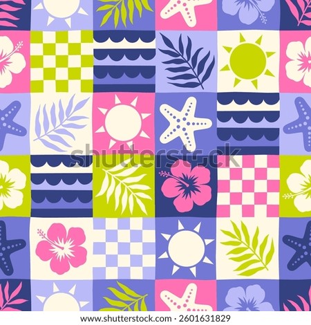 Hand drawn hibiscus, palm leaf, starfish, wave, sun with grid pattern design for summer holidays background.