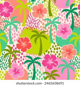 Hand drawn hibiscus and palm tree seamless pattern for summer holidays background.