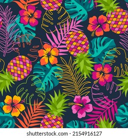 Hand drawn hibiscus, pineapple and tropical leaf seamless pattern for summer holidays background.