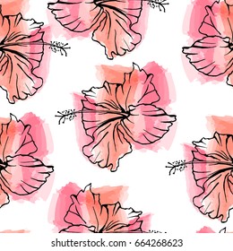 Hand drawn hibiscus seamless pattern on watercolor background in a sketch style. Floral collection.