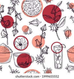  Hand drawn  hibiscus tea set. Roselle plant ( Jamaica sorrel, Rozelle or hibiscus sabdariffa). Vector  seamless pattern. 