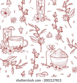  Hand drawn  hibiscus tea set. Roselle plant ( Jamaica sorrel, Rozelle or hibiscus sabdariffa). Vector  seamless pattern. 