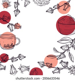  Hand drawn  hibiscus tea set. Roselle plant ( Jamaica sorrel, Rozelle or hibiscus sabdariffa). Vector background.