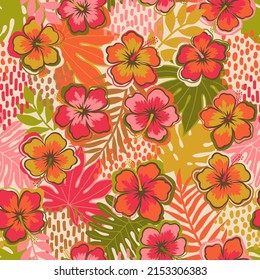 Hand drawn hibiscus and tropical leaf seamless pattern for summer holidays background.