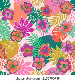 Hand drawn hibiscus and tropical leaf seamless pattern for summer holidays background.