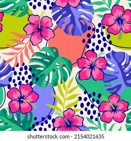 Hand drawn hibiscus and tropical leaf seamless pattern for summer holidays background.