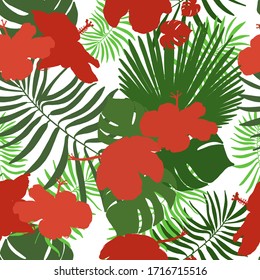 Hand drawn hibiscus, tropical leaves red and green colored seamless summer time for fabric design pattern vector white background