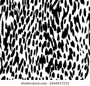 Padrão sem emenda de alto contraste desenhado à mão com pinceladas pretas irregulares densas, impressão animal abstrata ou pontos dalmáticos no fundo branco, gráfico simples para têxtil, decoração, tapete