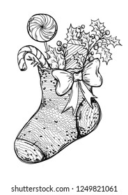 Hand drawn high detailed knitted christmas sock with different presents: candy cane, lollipop, gift, holly branches. Outline vector illustration