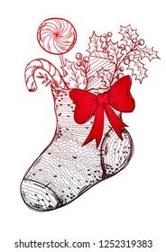 Hand drawn high detailed knitted christmas sock with different presents: candy cane, lollipop, gift, holly branches. Big red bow. Outline vector illustration