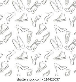 Hand drawn high hill shoes and sneakers seamless pattern. Vector illustration.