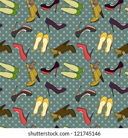 Hand drawn high hill shoes seamless pattern. Vector illustration.