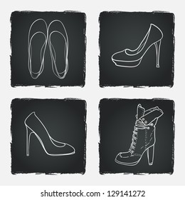 Hand drawn high hill shoes sketch on chalkboard background. Line drawing. Vector illustration.