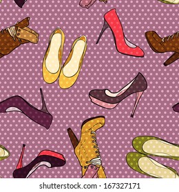 Hand drawn high hill shoes seamless pattern on polka dot background.