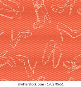 Hand drawn high hill shoes seamless pattern on polka dot background.