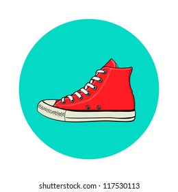 Hand drawn high red sneaker. Side view of a gumshoe. Vector illustration.