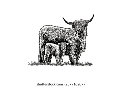 hand drawn Highland cattle illustration