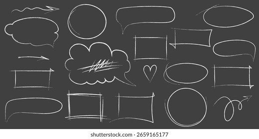 Hand drawn highlight, arrows and emphasis marks. Set of Sketches of ellipse, rectangle, square, oval on dark background. Collection of brush doodle elements and shapes for message notes