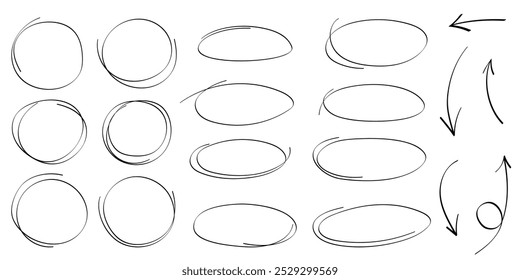 Hand drawn highlight, arrows, text underline strokes and emphasis marks. Set of Sketches of ellipse, rectangle, square, oval and mark. Collection of brush doodle elements and shapes for message notes