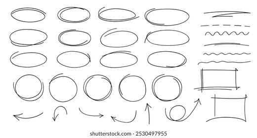 Hand drawn highlight, arrows, text underline strokes and emphasis marks. Set of ellipses, rectangles, squares, ovals and marks. Collection of brush doodle elements and shapes for message notes