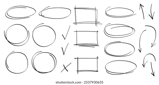 Hand drawn highlight, arrows, text underline strokes and emphasis marks. Set of ellipses, rectangles, squares, ovals and marks. Collection of brush doodle elements and shapes for message notes