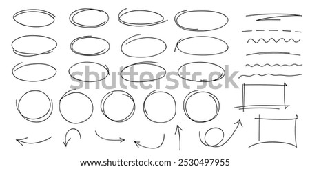 Hand drawn highlight, arrows, text underline strokes and emphasis marks. Set of ellipses, rectangles, squares, ovals and marks. Collection of brush doodle elements and shapes for message notes