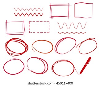 hand drawn highlight bubbles, rectangles, seamless zig zag and wave lines and pen, red highlighting frames
