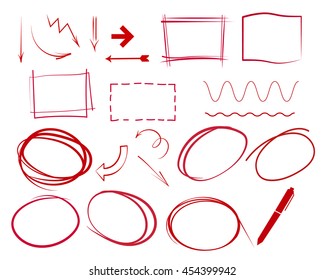 hand drawn highlight bubbles, rectangles, seamless  wave lines and pen, red highlighting frames