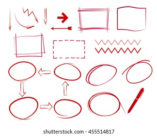 hand drawn highlight bubbles, rectangles,  pen, red highlighting frames. diagram elements, hand drawn circle and rectangle for sketch idea and plan