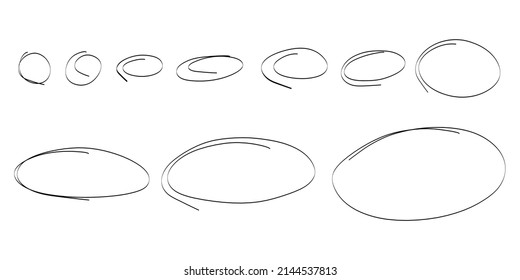 Hand drawn highlight circles frame set. Doodle highlight ovals. Marker sketch. Highlighting text and important objects. Round scribble frames. Stock vector illustration on white background.