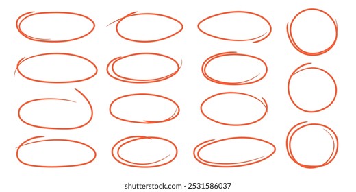 Trazo editable de resaltado dibujado a mano. Conjunto de bocetos rojos de elipses, círculos y óvalos. Colección de Elementos de doodle de color de pincel y Formas para notas de mensaje