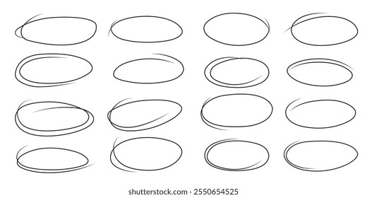 Traçado editável de realce desenhado à mão. Conjunto de esboços de elipses e ovais. Coleção de elementos e formas de rabiscar pincel para notas de mensagem