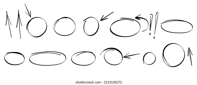 Marco resaltado dibujado a mano y flechas. La selección de esquema resalta el óvalo y las flechas. Rodamientos de contorno de marco de garabato. Conjunto vectorial de ilustraciones sobre fondo blanco.