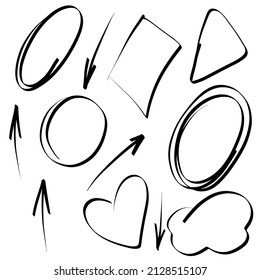 Marco resaltado dibujado a mano y flechas. Reseña resaltando el óvalo y las flechas. Rodamientos de contorno de marco de garabato. Conjunto vectorial de ilustraciones sobre fondo blanco.