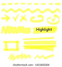Hand drawn highlight marker lines set. Highlighter yellow strokes vector isolated on white background. Highlighter drawing design illustration