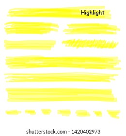 Hand drawn highlight marker lines set. Highlighter yellow strokes vector isolated on white background. Highlighter drawing design illustration