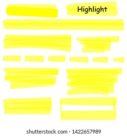 Hand drawn highlight marker lines set. Highlighter yellow strokes vector isolated on white background. Highlighter drawing design illustration