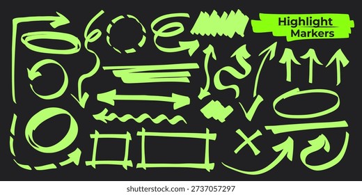 Hand drawn highlight markers doodle set with arrows, lines, underlines and ovals in bright green color on dark background. Vector illustration.