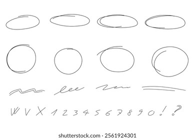 hand drawn Highlight oval frames, underline line set. Hand drawn marker scribble doodle circle set. Ovals and ellipses line template. Stock vector illustration isolated on white background.