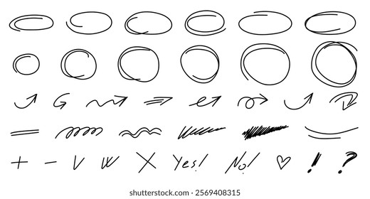 Hand drawn Highlight oval frames, underline line, arrows set. Hand drawn marker scribble doodle circle set. Ovals and ellipses line template. Stock vector illustration isolated on white background.