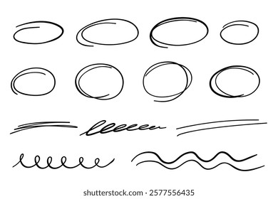 Hand drawn Highlight oval frames, hand drawn underlines lines. Marker scribble doodle circle set. Ovals and ellipses line template. Stock vector illustration isolated on white background.